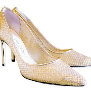 Jimmy Choo Romy 85 Patent Mesh Pumps in Gold